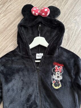 Disney Minnie Mouse Black Plush Zip Hoodie with Red Accent